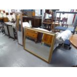 A LARGE GILT FRAMED BEVELLED EDGE WALL MIRROR (45" X 35") AND A TALL NARROW ROBING MIRROR (53" X