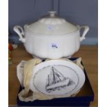 A LARGE WHITE CHINESE TWO HANDLED SOUP TUREEN AND COVER AND A COMMEMORATIVE PLATE, BOXED (2)