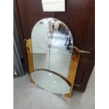 ART DECO ART TOPPED 'WINDOW' WALL MIRROR, EACH PANE WITH BEVELLED GLASS AND A SMALLER OVAL WALL