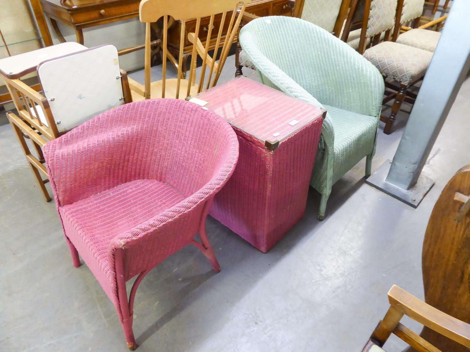 TWO LLOYD LOOM BEDROOM CHAIRS AND A LLOYD LOOM RECEIVER WITH GLASS TOP (3)