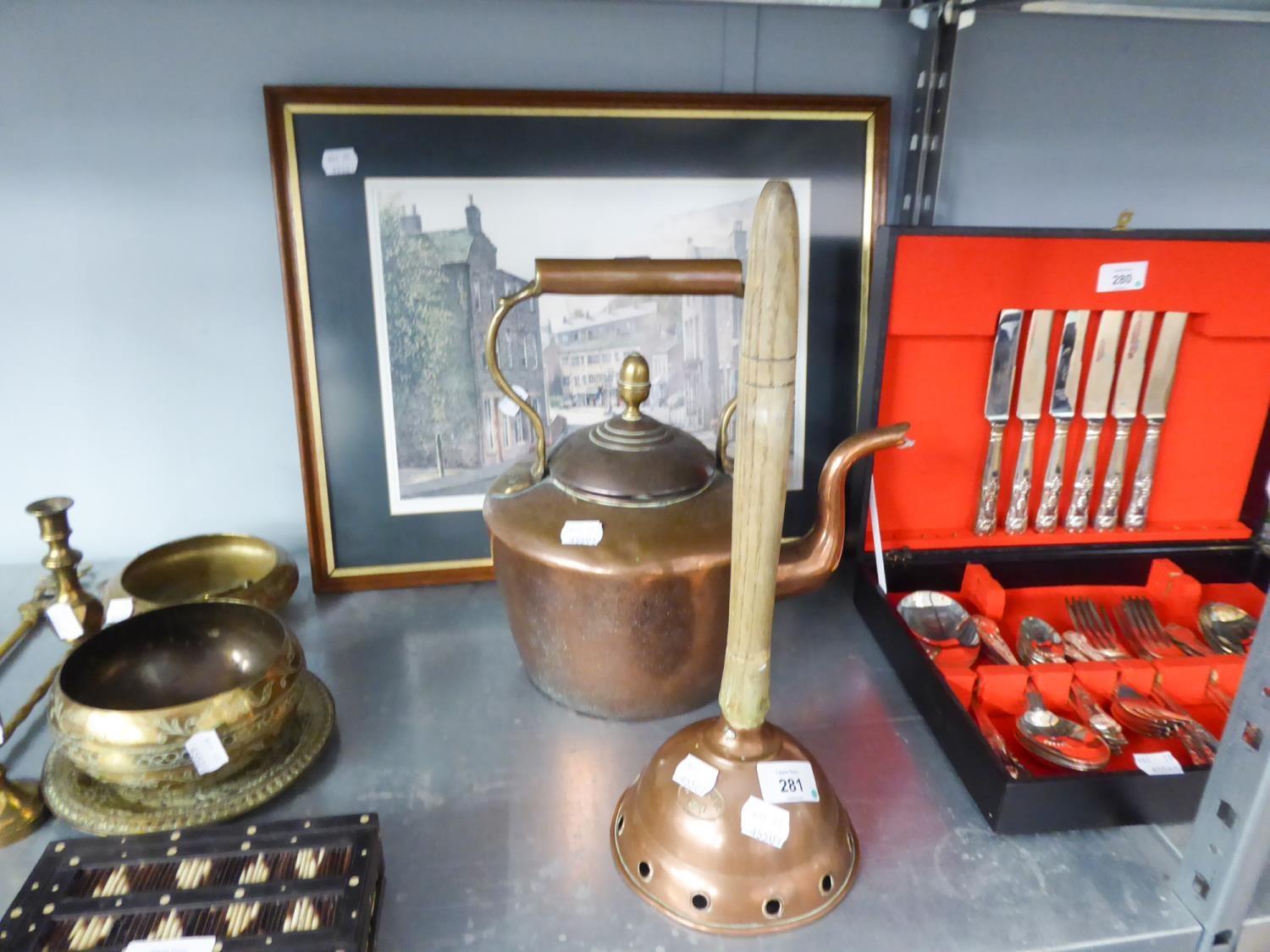 LARGE COPPER KETTLE, A WASHING POSSER COPPER WITH WOODEN HANDLE AND A WATERCOLOUR PRINT OF "DELPH"