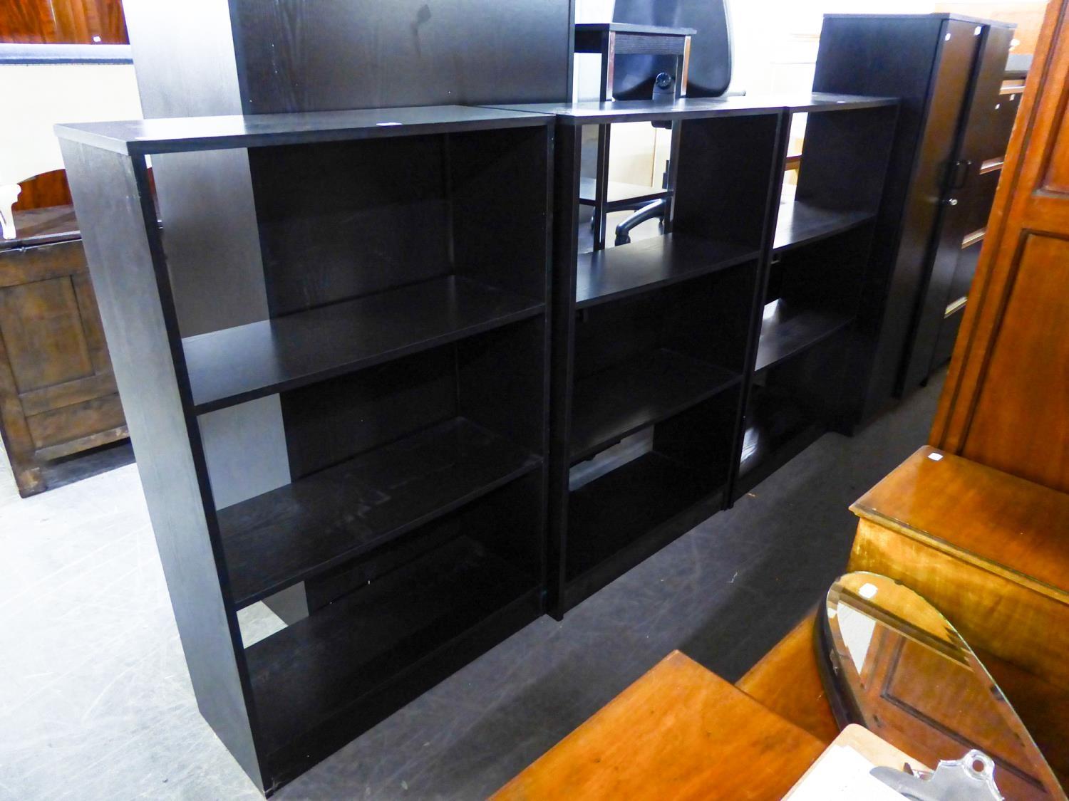 THREE BLACK ASH FOUR-TIER OPEN BOOKCASES