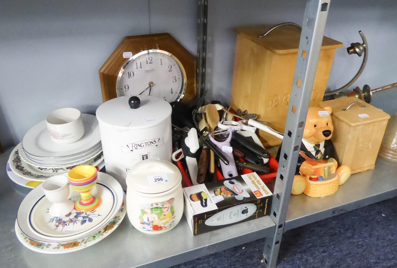 STAINLESS STEEL TABLE CUTLERY, WOODEN BREAD BIN AND MATCHING TEA CADDY AND KITCHEN SUNDRIES