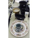 THREE WEDGWOOD BLACK POTTERY VASES, SPODE PLATE, JASPERWARE JUG, TWO MARBLE BOOKENDS AND TWO VASES