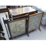 TWO OAK FRAMED FIRESCREENS, ONE HAVING BARLEY TWIST COLUMNS, AN OAK TEA TROLLEY AND TWO MAHOGANY