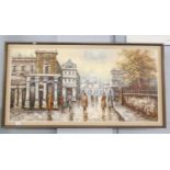 FREDERIC OIL PAINTING ON CANVAS CITY STREET SCENE WITH FIGURES ON A RAINY DAY SIGNED 24" X 48"