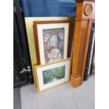 A GILT FRAMED OBLONG WALL MIRROR (392 X 28") AN ALPHONSE MUCHA PRINT "SPRING" AND A WATERCOLOUR "