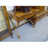 A MAHOGANY SIDE TABLE WITH ONE LONG DRAWER, RAISED ON "X" SHAPED SUPPORTS