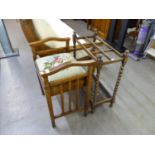 A PIANO STOOL WITH FLORAL TAPESTRY SEAT AND A STICK STAND ON BARLEY TWIST SUPPORTS