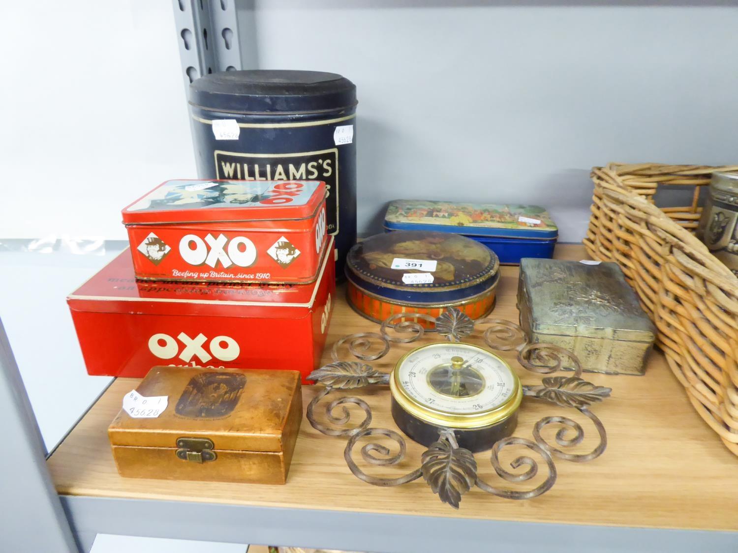 GROUP OF 20th CENTURY FOOD TINS TO INCLUDE OXO x 2, TOFFEE TINS x 2, ANOTHER WHITE METAL BOX AND A