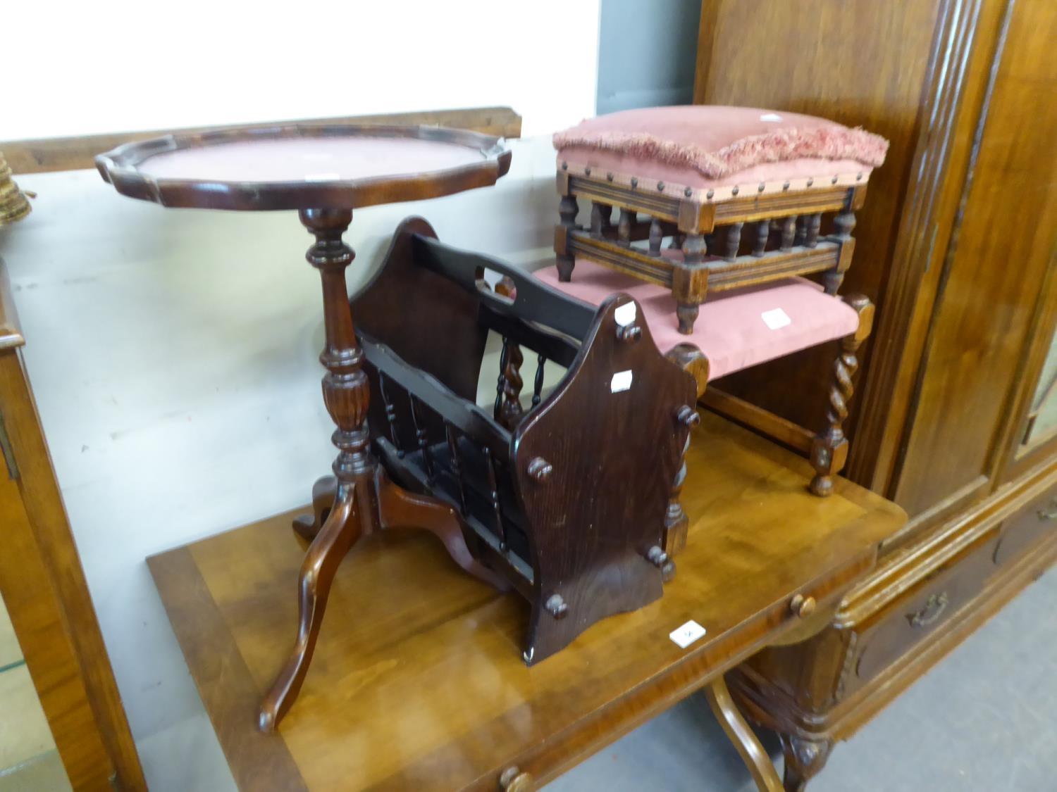 AN OAK STOOL WITH BARLEY TWIST LEGS AND UPHOLSTERED SEAT, A SMALLER OAK STOOL WITH UPHOLSTERED SEAT,