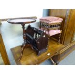 AN OAK STOOL WITH BARLEY TWIST LEGS AND UPHOLSTERED SEAT, A SMALLER OAK STOOL WITH UPHOLSTERED SEAT,