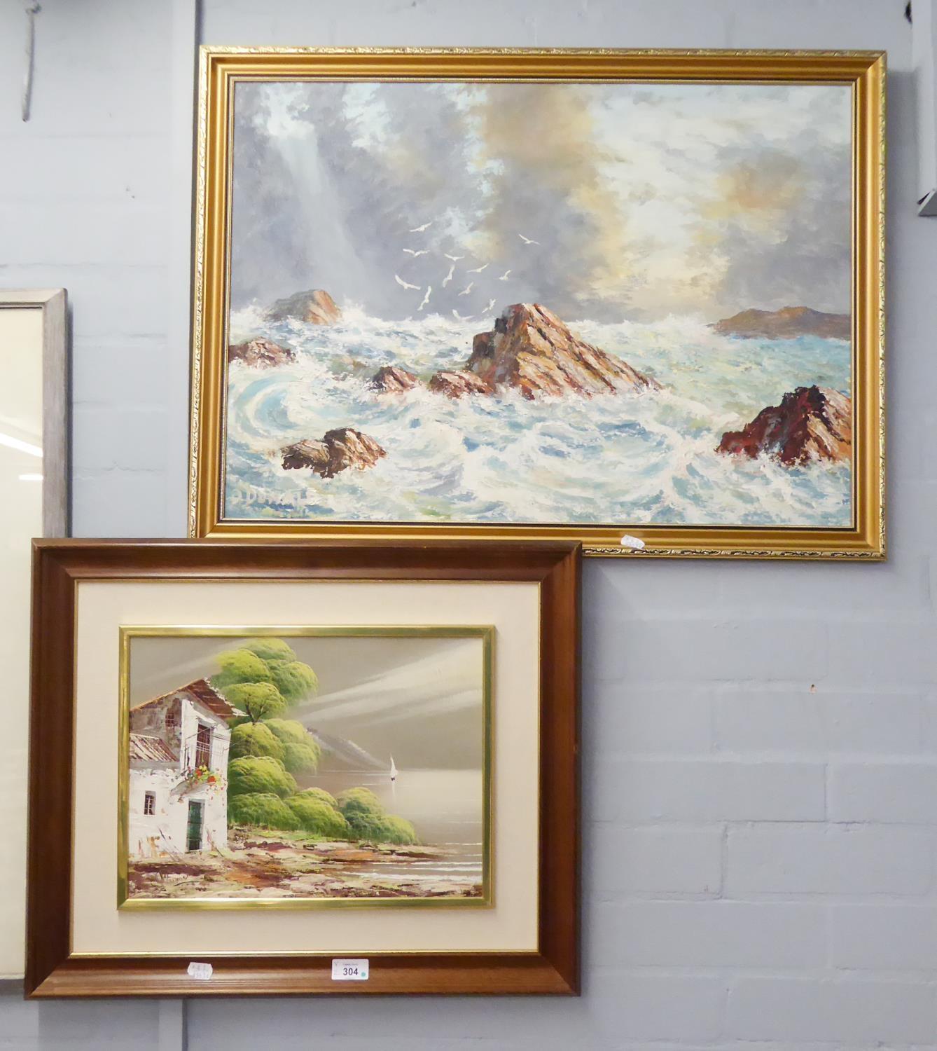 TWO MODERN OIL PAINTINGS: SEASCAPE, signed D. Donald, 19? x 27?, and a COASTAL SCENE, indistinctly