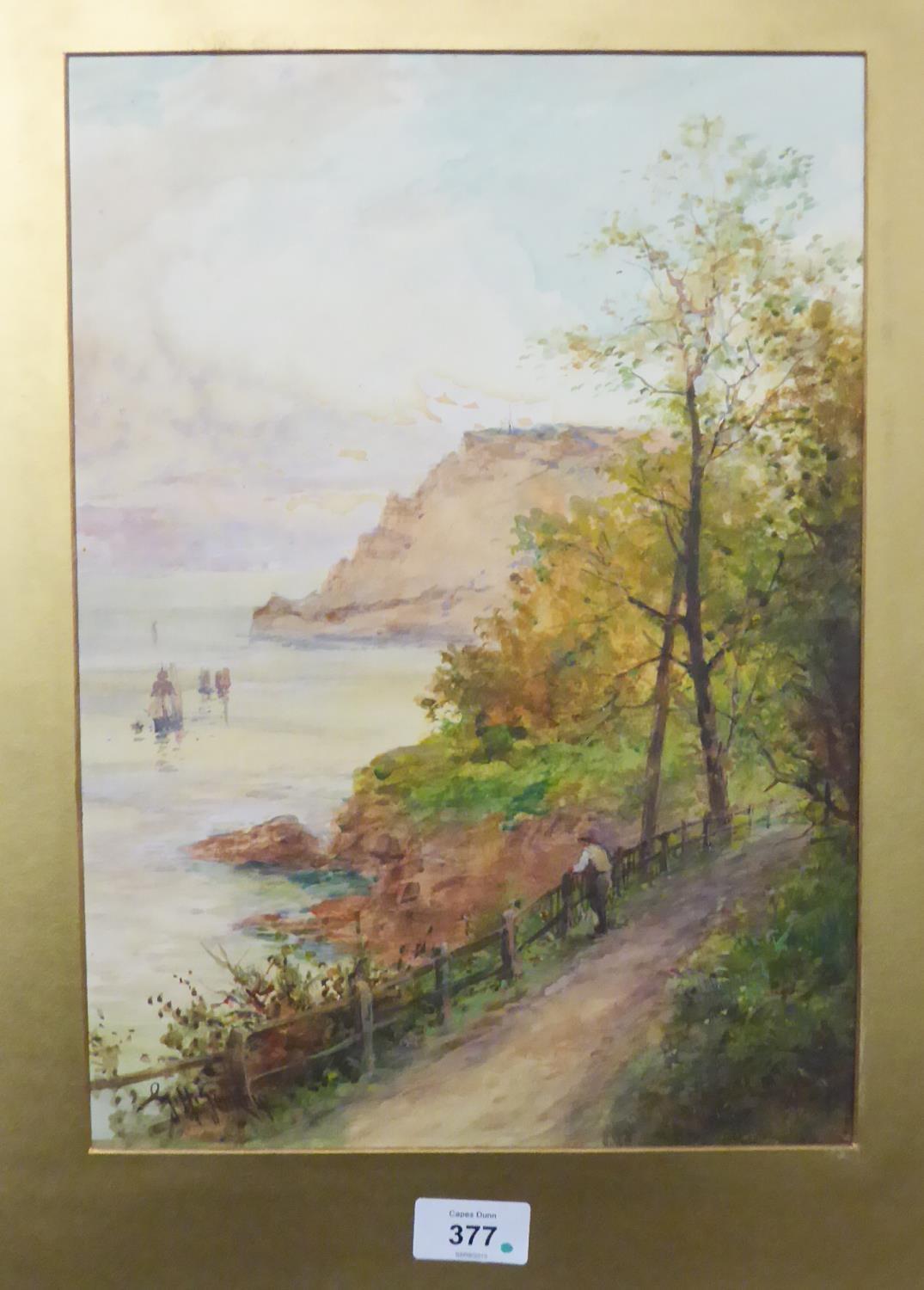 G.H. JENKINS (EARLY TWENTIETH CENTURY) WATERCOLOUR Costal scene with figure on a path in the