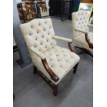 *BEVAN FUNNELL GEORGE III STYLE MAHOGANY OPEN ARMCHAIR, THE YOKE TOPPED BUTTON UPHOLSTERD SQUARE