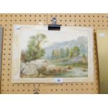 ? APPLETON (TWENTIETH CENTURY) WATERCOLOUR DRAWING Upland stream with fisherman on the bank Signed