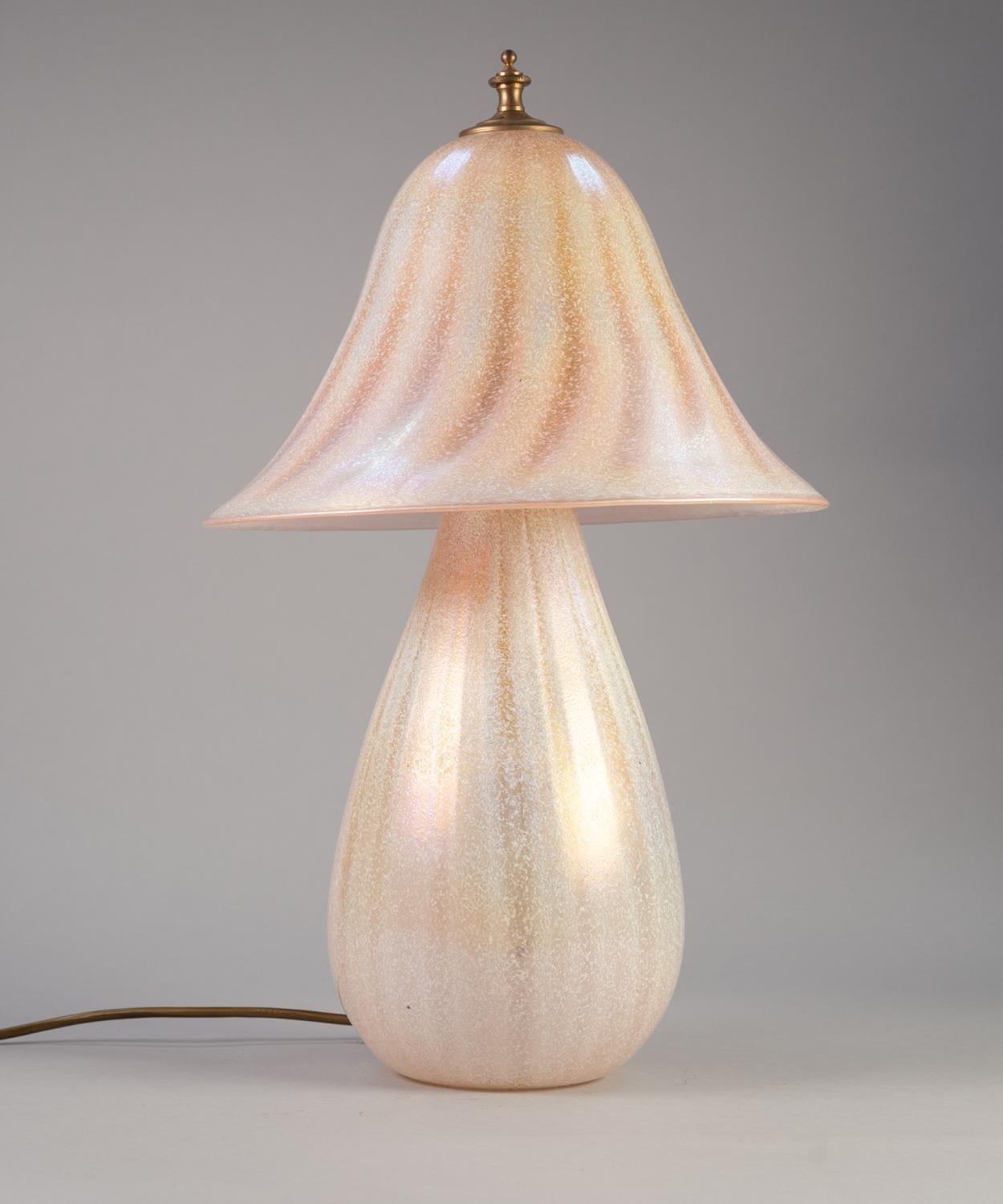 JOHN DITCHFIELD/ GLASFORM MOTHER OF PEARL IRIDESCENT GLASS TABLE LAMP AND SHADE, the base of