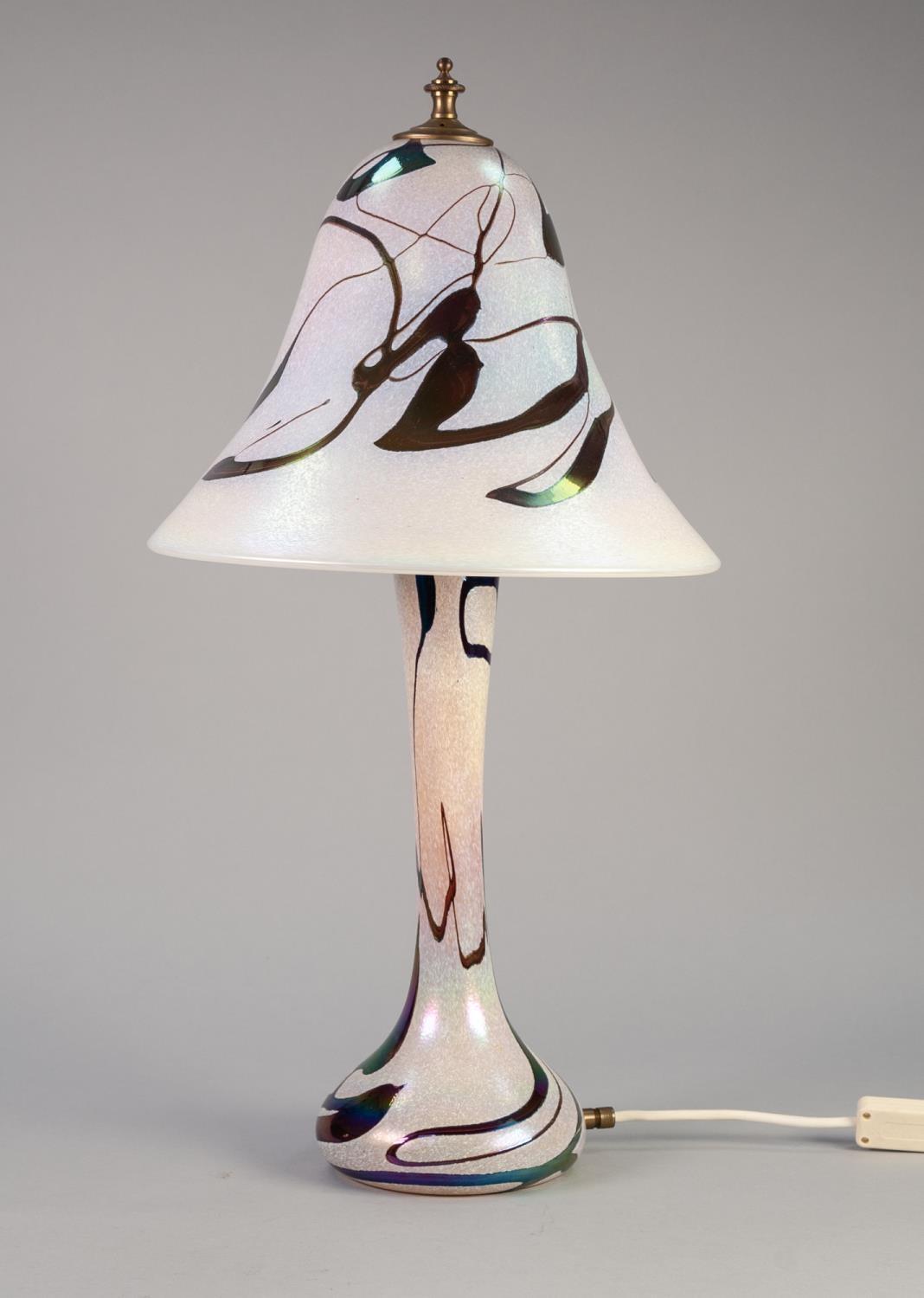 JOHN DITCHFIELD/ GLASFORM IRIDESCENT GLASS TABLE LAMP AND SHADE, the base of slender form with