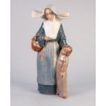 LLADRO FIGURE IN BISCUIT FINISH of a nun carrying a basket of vegetables, a young child at her