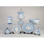 SIX PIECES OF WEDGWOOD PALE BLUE JASPERWARE, all applied in white, mainly with lassical figures