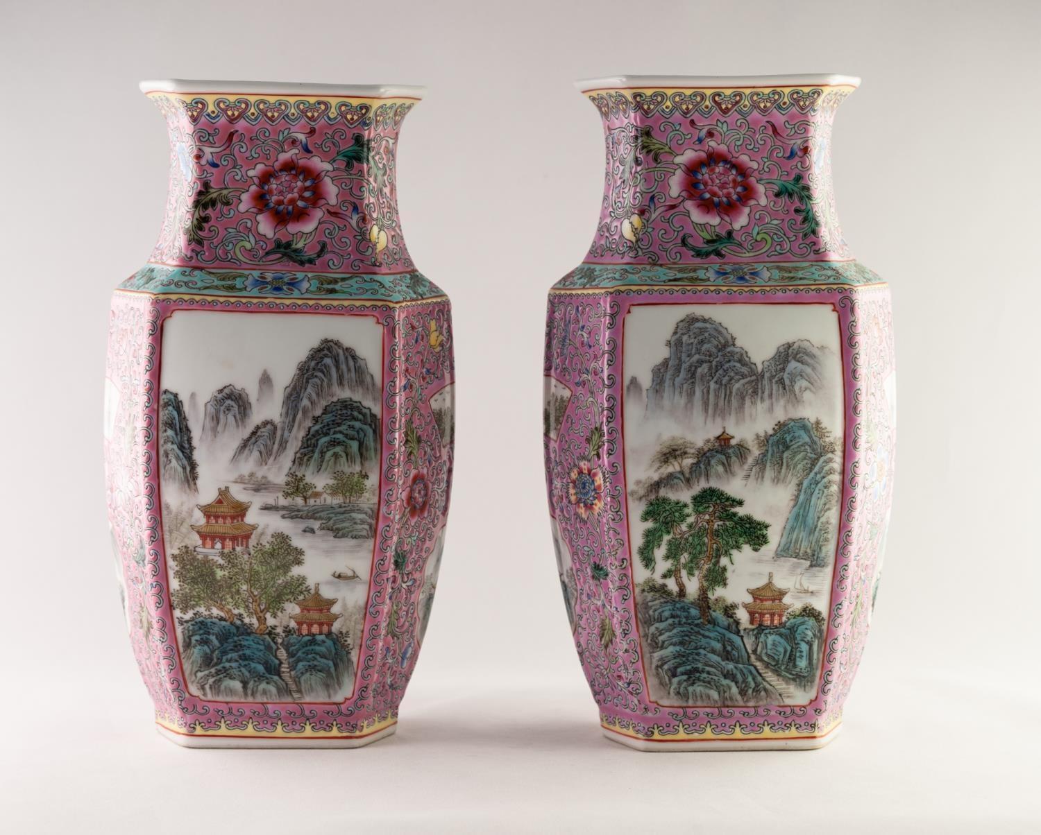 A PAIR OF MODERN CHINESE PORCELAIN VASES of feathered hexagonal shouldered ovoid form, well