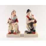 PAIR OF NINETEENTH CENTURY STYLE REPRODUCTION POTTERY FIGURES OF A COBBLER AND HIS WIFE, each