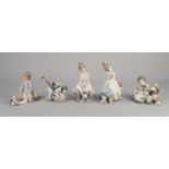 FIVE LLADRO PORCELAIN GROUP OF CHILDREN WITH CATS OR DOGS, 73/4? (19.6cm) and smaller, printed and