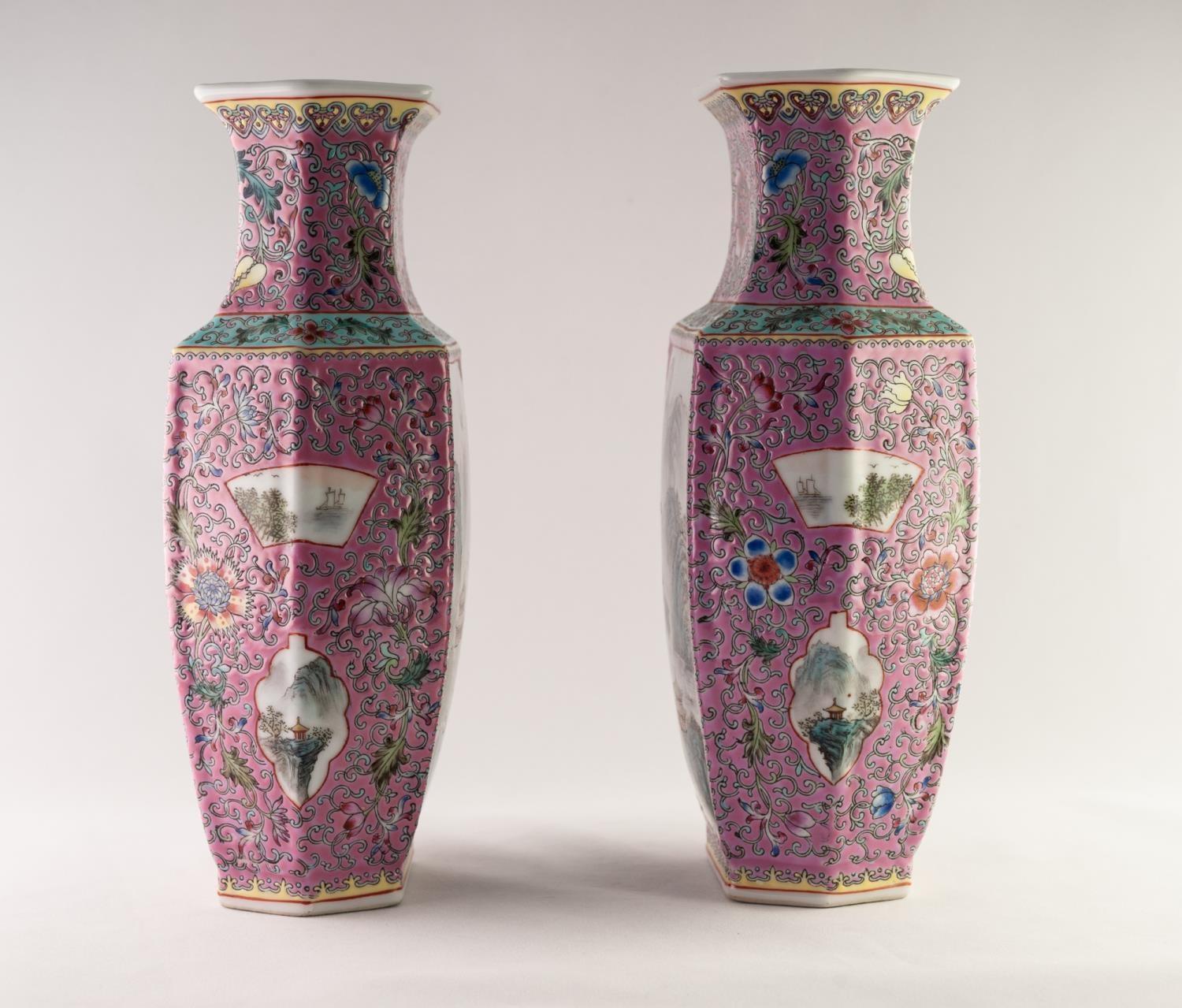 A PAIR OF MODERN CHINESE PORCELAIN VASES of feathered hexagonal shouldered ovoid form, well - Image 3 of 5