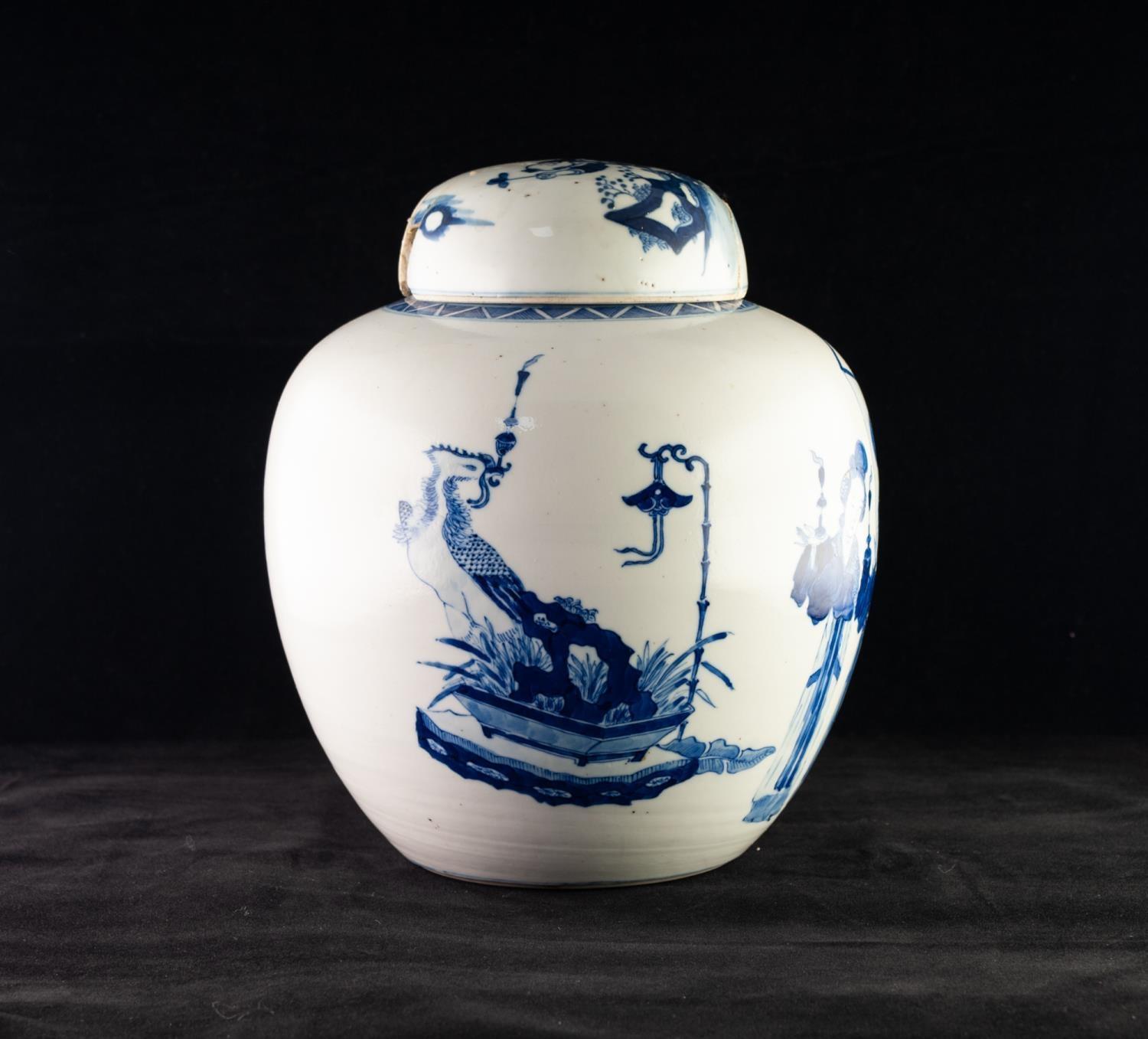 NINETEENTH CENTURY CHINESE BLUE AND WHITE PORCELAIN GINGER JAR AND COVER, of typical form, well - Image 3 of 6