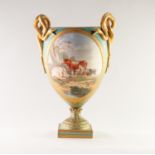 NINETEENTH CENTURY ROYAL WORCESTER HAND PAINTED CHINA TWO HANDLED PEDESTAL VASE, of ovoid form