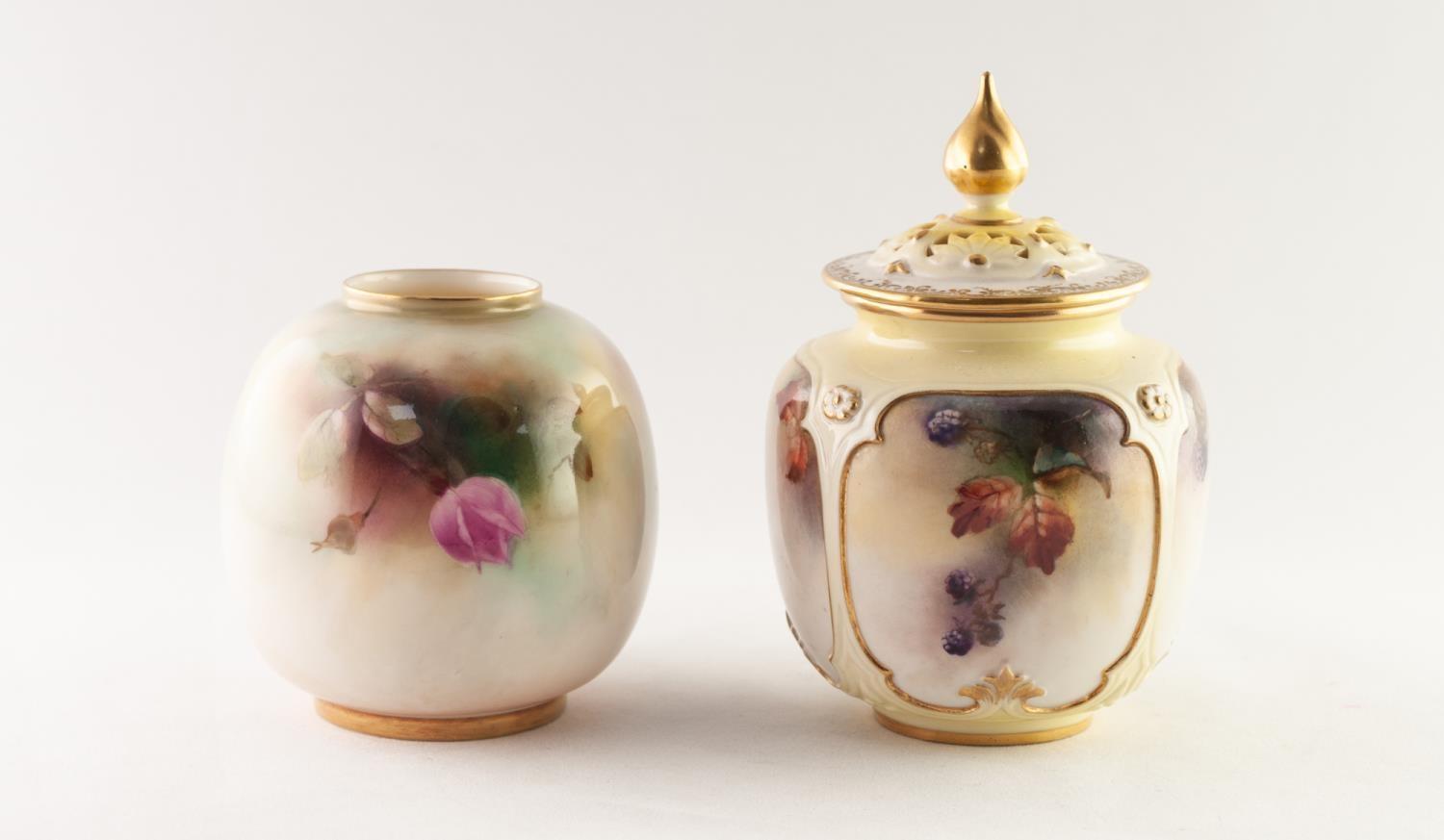 ROYAL WORCESTER ?HADLEY WARE? HAND PAINTED PORCELAIN POT POURRI VASE AND COVER, of footed ovoid form - Image 2 of 4