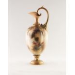 ?HADLEYS?, WORCESTER, HAND PAINTED BLUSH POCELIAN PEDESTAL EWER, of ovoid form with gilt scroll