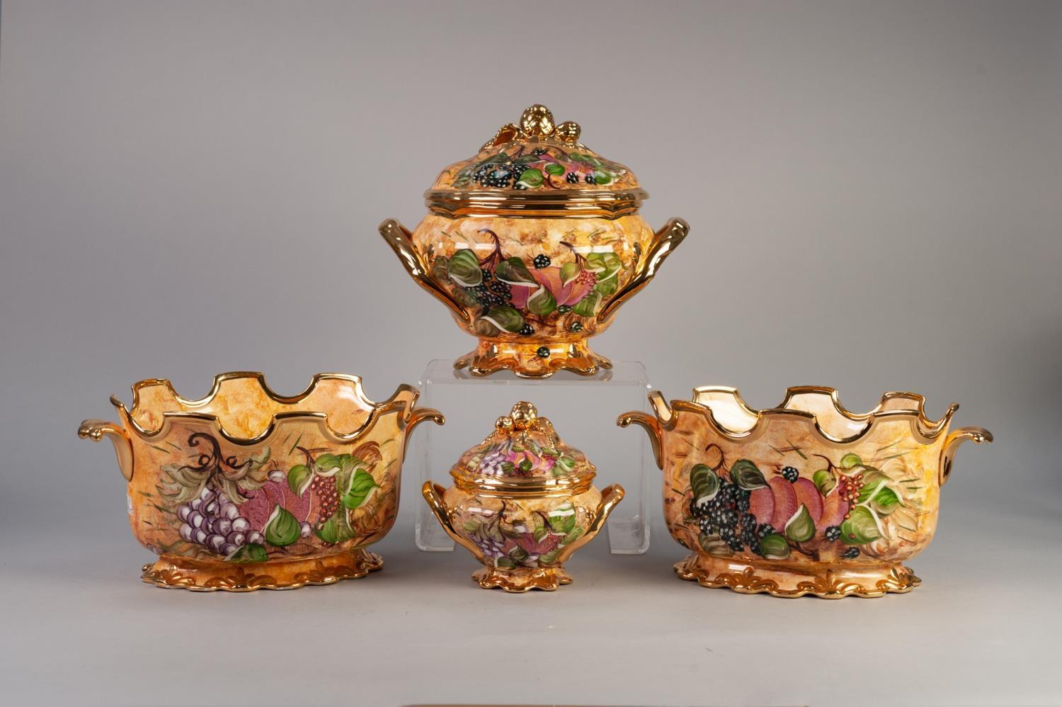 J. COWKING HAND PAINTED TUREEN WITH GILT HANDLES DECORATED WITH FRUIT AND A SMALLER ONE AND TWO