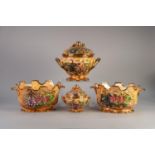 J. COWKING HAND PAINTED TUREEN WITH GILT HANDLES DECORATED WITH FRUIT AND A SMALLER ONE AND TWO
