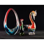 THREE PIECES OF MURANO, COLOURED GLASS, comprising: a SWAN, COCKREL and a hoop shaped BASKET, 10? (