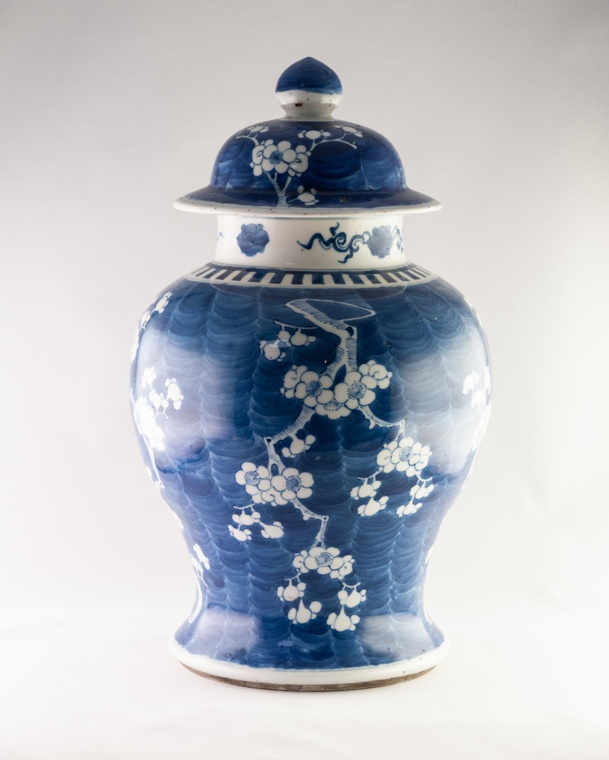 LATE NINETEENTH CENTURY CHINESE BLUE AND WHITE PORCELAIN LARGE GINGER JAR AND COVER, of baluster