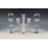 PAIR OF STYLISH MODERN SQUARE MOULDED GLASS CANDLESTICKS BY ROGASKA CRYSTAL, 9 ½? (24.1cm) high,