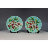 PAIR OF SARREGUEMINES MOULDED MAJOLICA POTTERY PLATES, each decorated with birds perched amongst