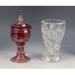 19th CENTURY BOHEMIAN RUBY STAINED AND WHEEL ENGRAVED PEDESTAL SWEET MEAT JAR AND COVER with