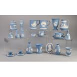 TWENTY TWO PIECES OF PALE BLUE WEDGWOOD JASPERWARE, sprigged in white, mainly with classical