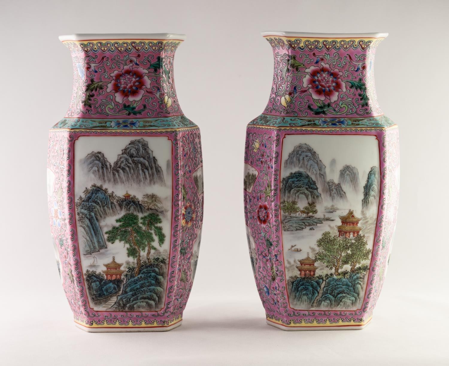 A PAIR OF MODERN CHINESE PORCELAIN VASES of feathered hexagonal shouldered ovoid form, well - Image 2 of 5