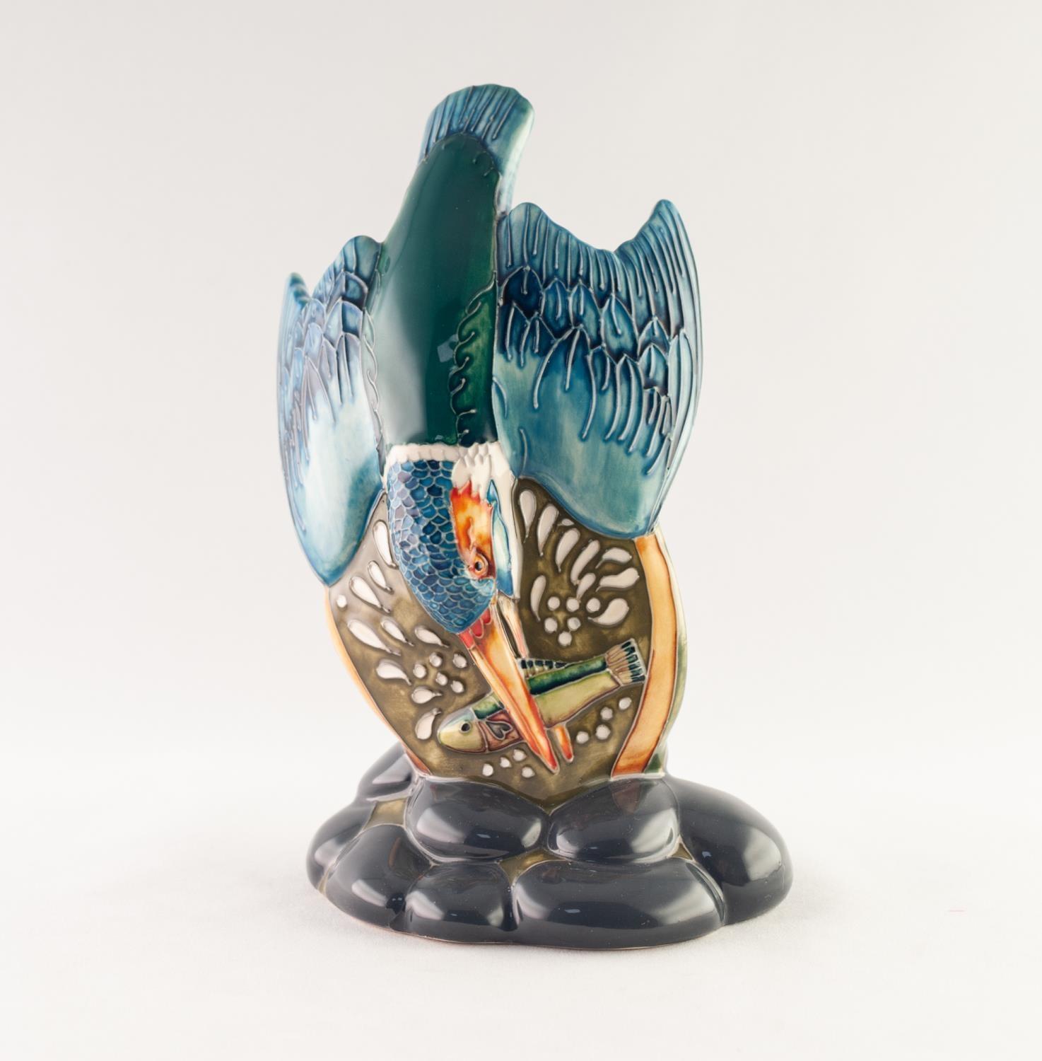 MODERN MOORCROFT POTTERY ORNAMENT OF A KINGFISHER, modelled diving with a fish in its mouth, 6 ½? (