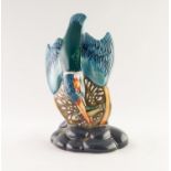 MODERN MOORCROFT POTTERY ORNAMENT OF A KINGFISHER, modelled diving with a fish in its mouth, 6 ½? (