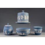 FOUR PIECES OF WEDGWOOD PALE BLUE JASPERWARE, sprigged in white with classical figures and floral