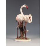 A CIRCA 1930's VIENNESE "KERAMIS" porcelain model of two Flamingo's on an oval base 12 1/2" (31.5)