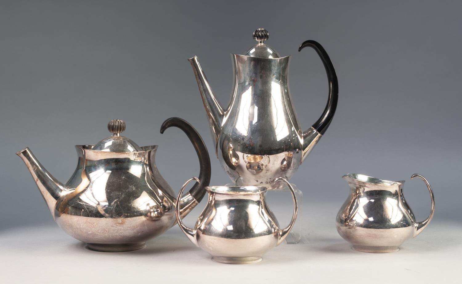 ERIC CLEMENTS FOR ELKINGTON, FOUR PIECE SILVER PLATED TEA SERVICE, of plain baluster form, with open