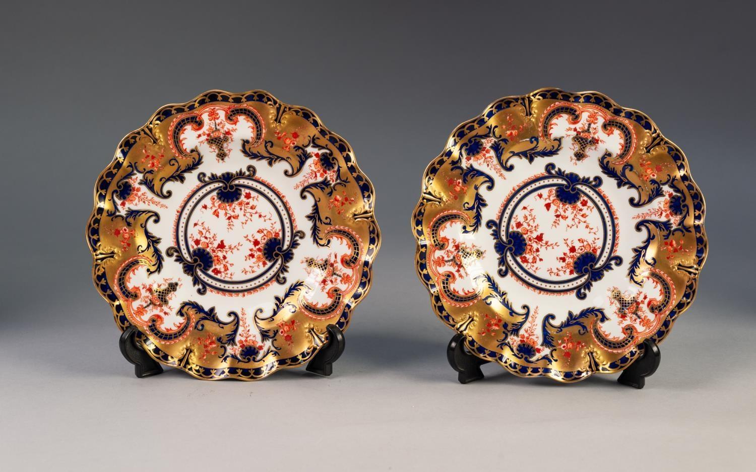 PAIR OF LATE NINETEENTH CENTURY ROYAL CROWN DERBY JAPAN PATTERN CHINA PLATES, each with wavy rim,