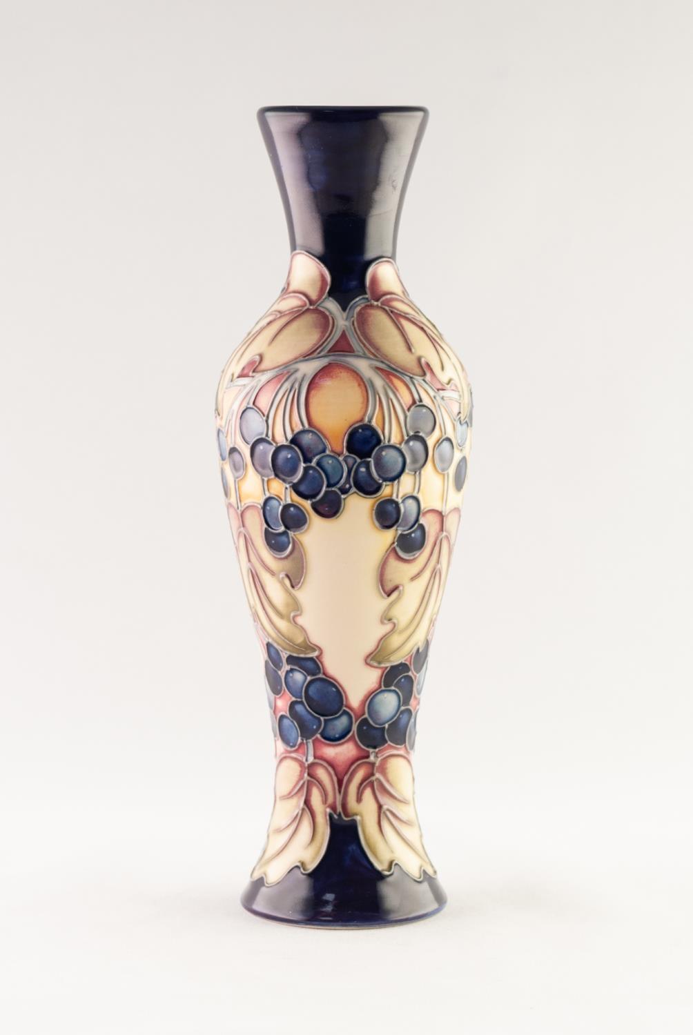 MODERN MOORCROFT ARTIST SIGNED TUBE LINED POTTERY VASE, of slender, waisted oviform, decorated in