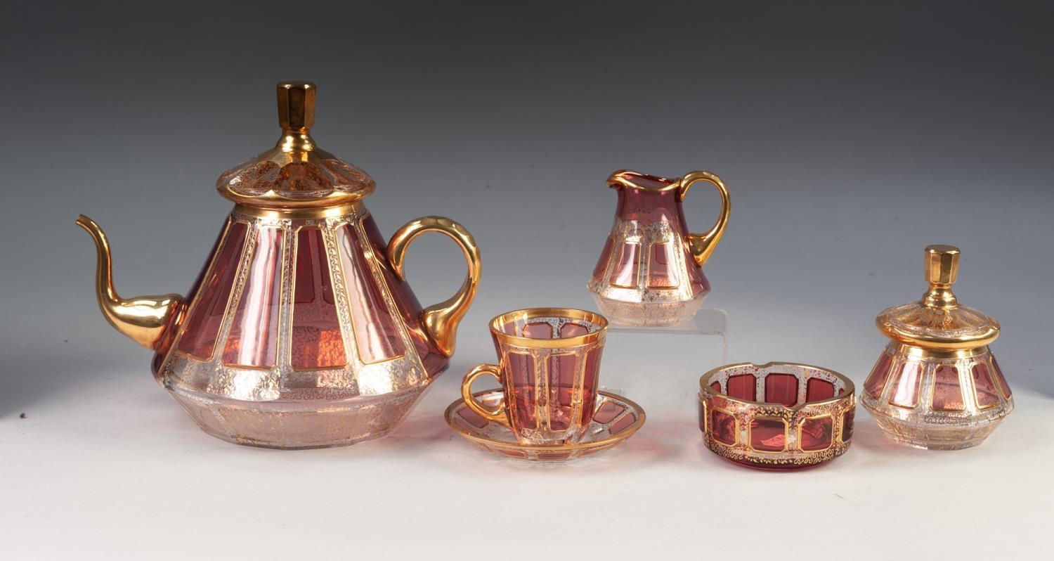 NINETEEN PIECE ITALIAN PINK STAINED AND FLASH CUT PART TEA SERVICE, now suitable for six persons,