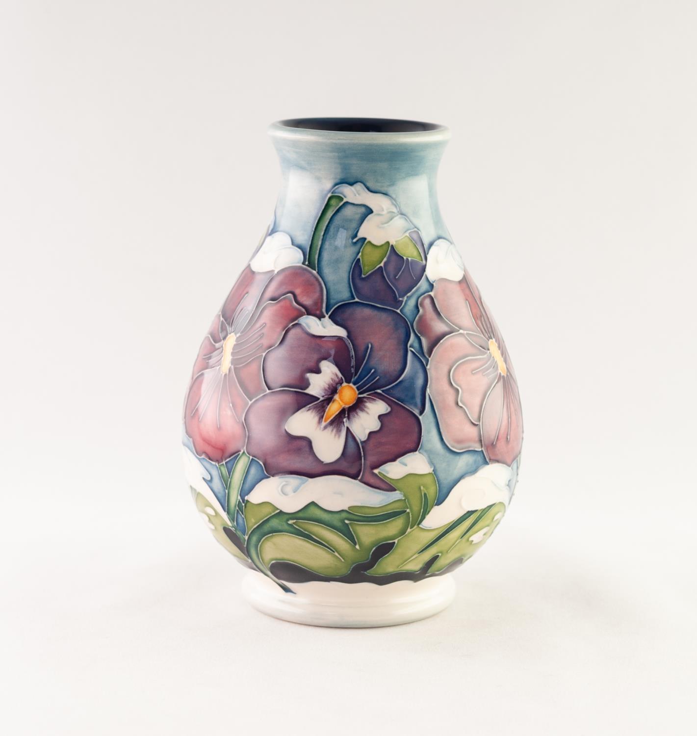 MODERN MOORCROFT ARTIST SIGNED ?CHRISTMAS PANSY? TUBE LINED POTTERY VASE, of footed baluster form, - Image 4 of 5